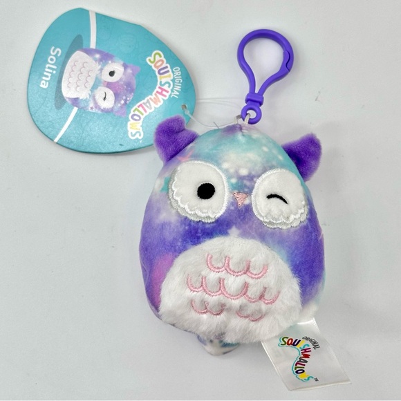 Squishmallows Accessories - 3.5” Solina the Purple & Teal Mystical Print Owl Squishmallows Clip On Keychain